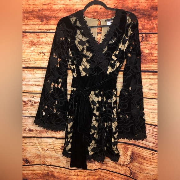 Velvet Lace Illusion Dress Black Flare Sleeve Boho Whimsigoth Flare - Picture 8 of 14